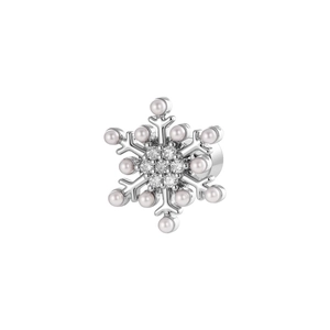 Elegant snowflake ear stud with white pearls and sparkling crystals on silver finish