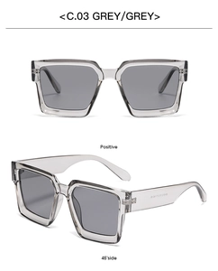 Front and 45-degree side views of square transparent grey sunglasses with grey lenses