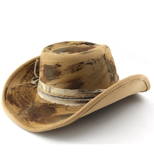 Vintage western cowboy hat with burnt effect and distressed felt finish on white background