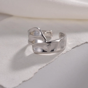 Minimalist silver wave water ripple stainless steel open ring for women