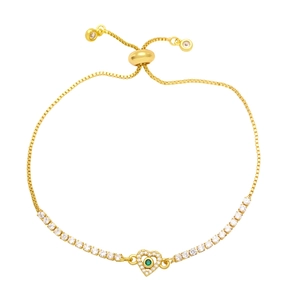 Adjustable gold heart bracelet with green center stone and white zircon box chain