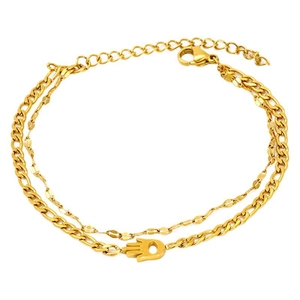 Double-layer gold stainless steel chain bracelet with Hamsa Hand pendant for women