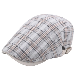 British style checkered beret cap with adjustable metal buckle and plaid pattern