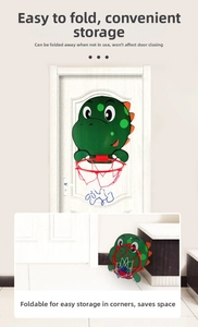 Foldable dinosaur basketball hoop for kids showing door-mounted installation and easy storage