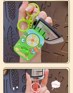 Detail of green spinning keychain with cute bear design and sport activity options