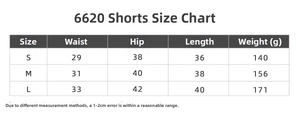 Detailed size chart for high waist seamless yoga shorts including waist and hip measurements