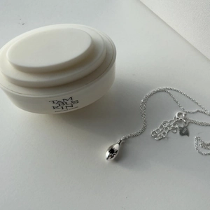 Macro shot of S925 silver necklace featuring a teardrop pendant with black star detail