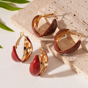 Vintage Enamel Twisted Geometric Hoop Earrings With Silver Earring Post Retro French Style Jewelry For Women