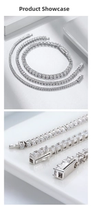 Macro detail of S925 sterling silver tennis chain featuring secure clasp and round zircon