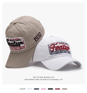 Detail of vintage baseball cap featuring 3D letter embroidery and premium cotton texture