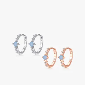 925 Sterling Silver Hoop Earrings With Light Blue Opal And Cubic Zirconia Japanese Style Dainty Jewelry For Women