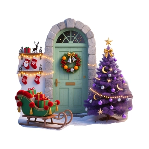 Detailed 3D render of Christmas decor featuring a mint green door and purple Xmas tree