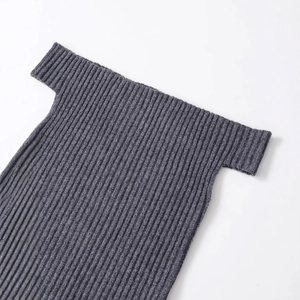 Women's off-the-shoulder dark grey ribbed knit top with fine vertical stripe texture