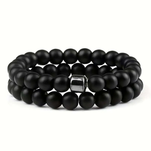 Set of two 8mm natural volcanic tiger stone elastic bracelets with silver metal accents