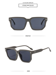 Front and side view of stone gray square frame sunglasses with silver oval accents