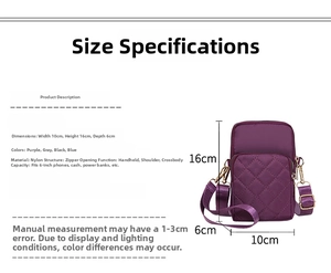 Detailed size chart of purple quilted nylon crossbody bag showing 10x16x6cm dimensions