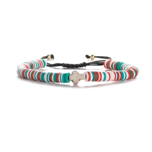 Detailed shot of multi-color clay bead bracelet with white cross and adjustable black cord