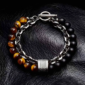 Men's map stone beaded bracelet with tiger eye stones and silver chain on black leather