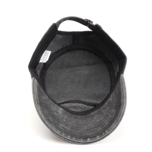 Unisex vintage washed cotton cadet cap in grey black with flat top and distressed finish