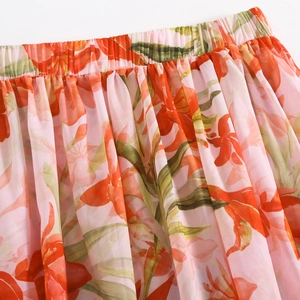 Close-up of floral print chiffon skirt featuring elastic waistband and detailed fabric texture