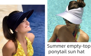 Detail view of navy and white empty top sun hats designed for women with ponytails
