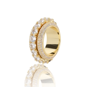 Icy five-row zircon spinning hip-hop ring in gold finish with clear pavé stones