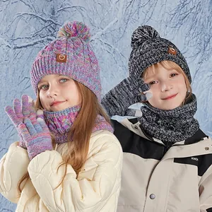 Kids Winter Warm Knit Hat Scarf and Gloves Fleece Lined Pom Pom Beanie Neck Warmer Touchscreen Mittens For Boys Girls