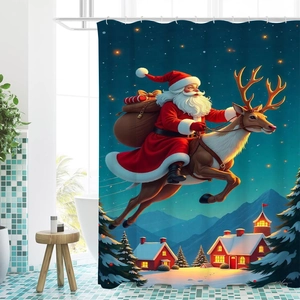 Christmas shower curtain featuring Santa and reindeer over a snowy night village scene