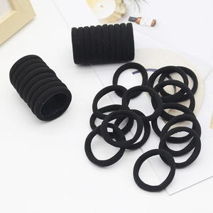 Macro detail of black seamless high-elasticity hair ties on a minimalist display stand