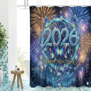 Waterproof 2026 Happy New Year shower curtain with blue snow and fireworks pattern