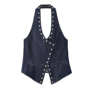 Deep blue denim halter top with white rivet buttons and backless design on white background