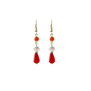 Detail of red teardrop pearl earrings with orange beads in a vintage Chinese style