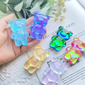 3D Iridescent Bear Phone Grip Griptok Cute Cartoon Holographic Resin Collapsible Mobile Phone Holder Stand For Desk