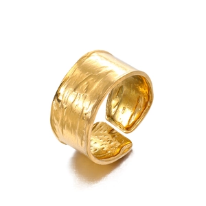 Adjustable wide open golden stainless steel ring with vintage hammered metal texture