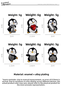 Detail showing dimensions and material of cute penguin enamel pins in six diverse styles