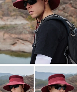 Detail of burgundy outdoor sun hat with breathable mesh and adjustable chin strap