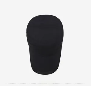 Top down view of black breathable mesh flat top military cap with sun protection