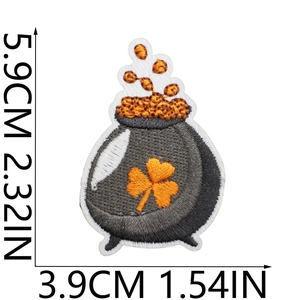 Detailed view of Saint Patrick's Day cauldron embroidery patch showing dimensions