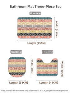Detailed size chart for the three-piece bathroom rug set featuring geometric printed design