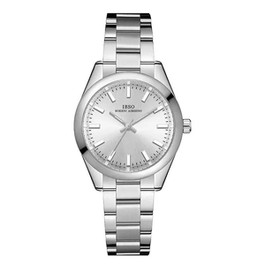 Classic silver stainless steel watch for women featuring a minimalist sunray texture dial