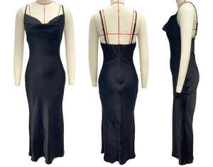 Detailed front, back, and side views of a black satin V-neck maxi dress on a dress form