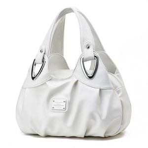Minimalist white pleated handbag with top handles and HUMMINGBIRDS metal logo plaque