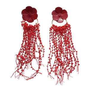 Exaggerated red flower tassel earrings with glass beads and painted floral design