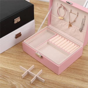 Double layer PU leather jewelry box with lock in pink black and white colors