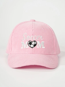 Detail of pink corduroy baseball cap with Soccer MOM heart-shaped football embroidery