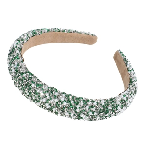 Padded headband with green rhinestones and faux pearls on white background