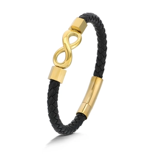 Men's black braided leather infinity bracelet with gold magnetic steel clasp