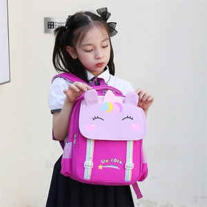 Pink unicorn school backpack for girls with 3D ears and colorful mane ergonomic design