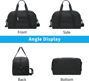 Front, side, back, and bottom views of this black 14 inch mini duffel travel bag