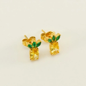 Chic gold stainless steel pineapple stud earrings set with yellow and green zircon stones